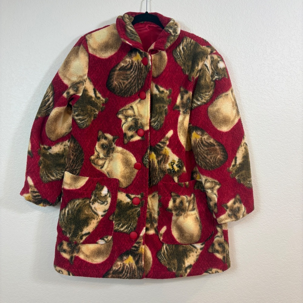 Vintage Fleece Jacket Women Large Red Cat Print Oversized Button Up Novelty